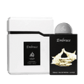 Lattafa Pride Embrace apa de parfum, flacon frontal negru mat cu ilustrație simbolică aurie.
