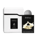 Lattafa Pride Embrace apa de parfum, flacon frontal negru mat cu ilustrație simbolică aurie.