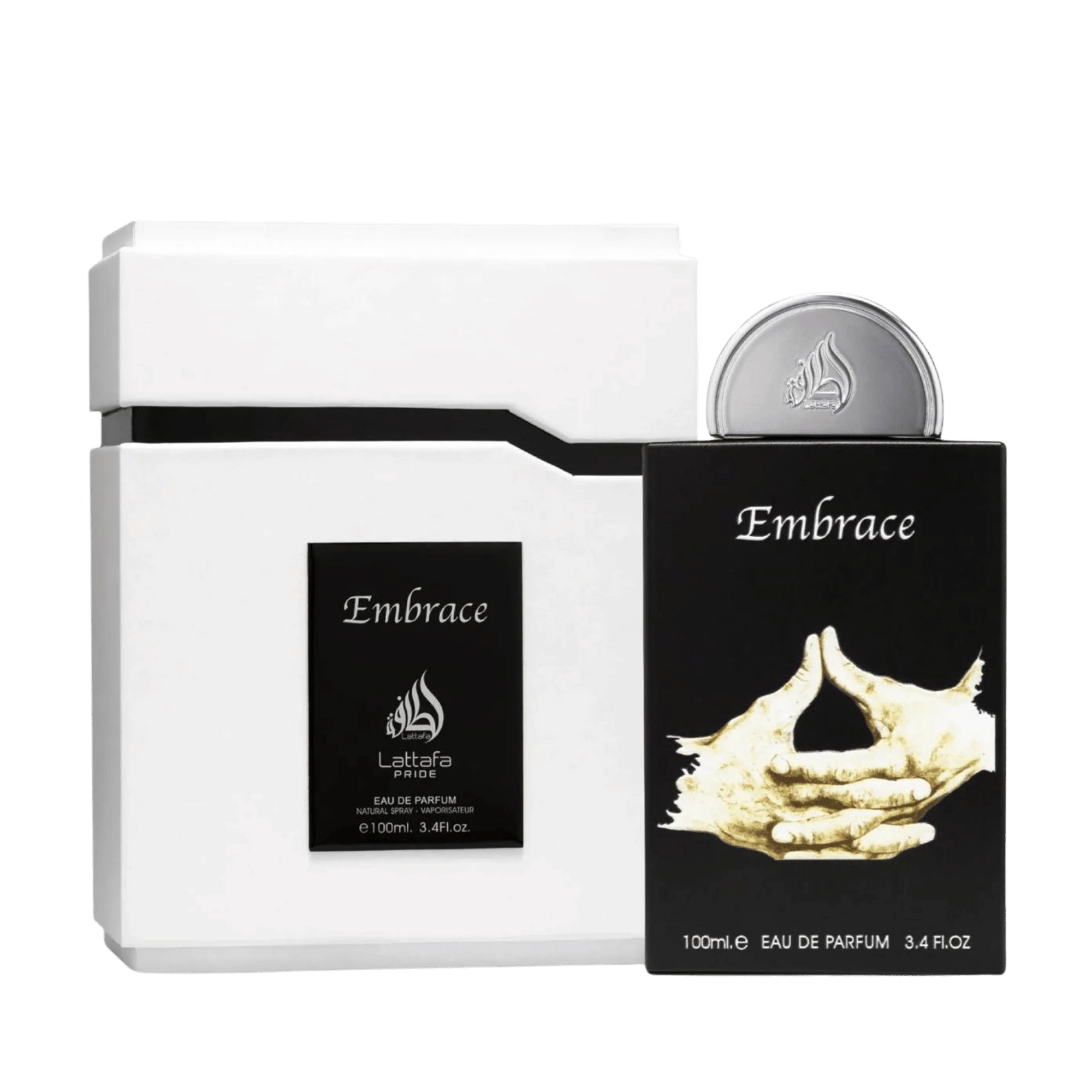 Lattafa Pride Embrace apa de parfum, flacon frontal negru mat cu ilustrație simbolică aurie.