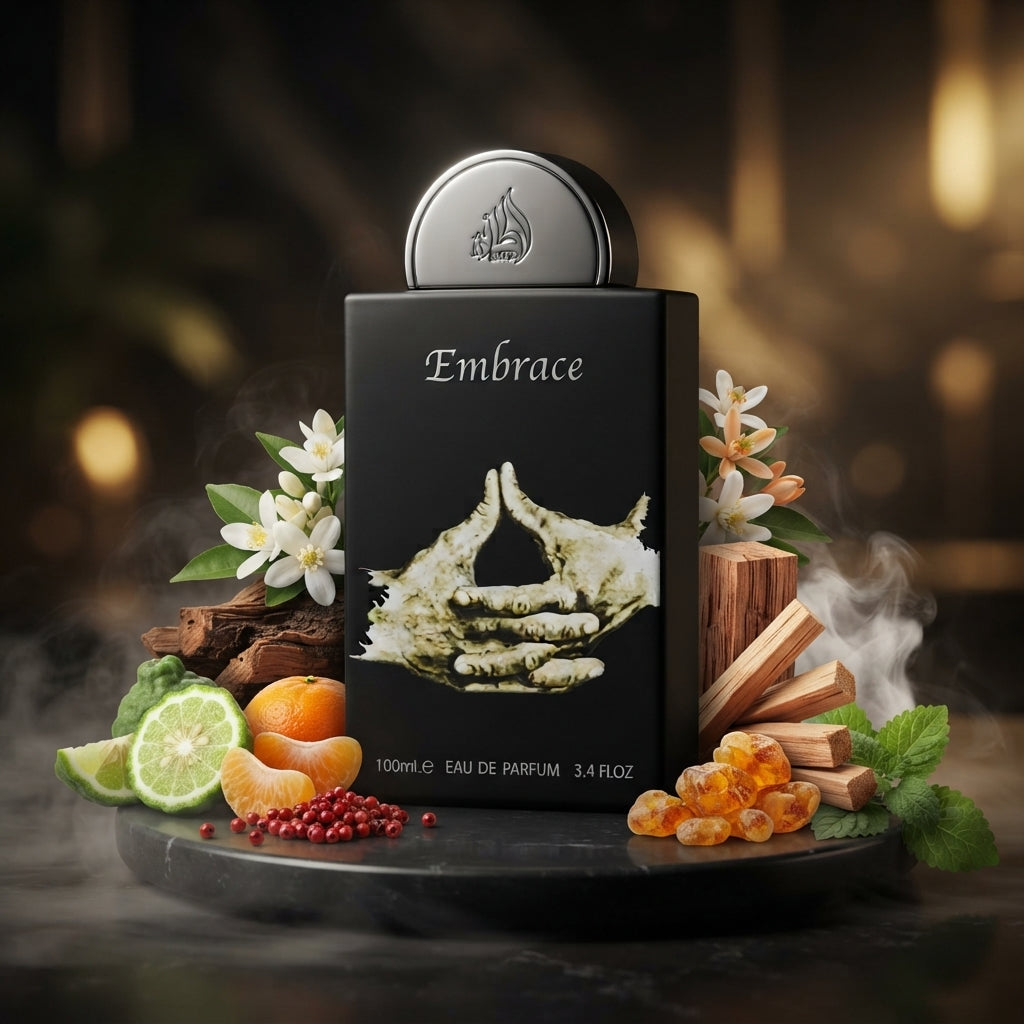 Lattafa Pride Embrace apa de parfum original încadrat estetic de ingrediente precum bergamotă și lemn de santal.