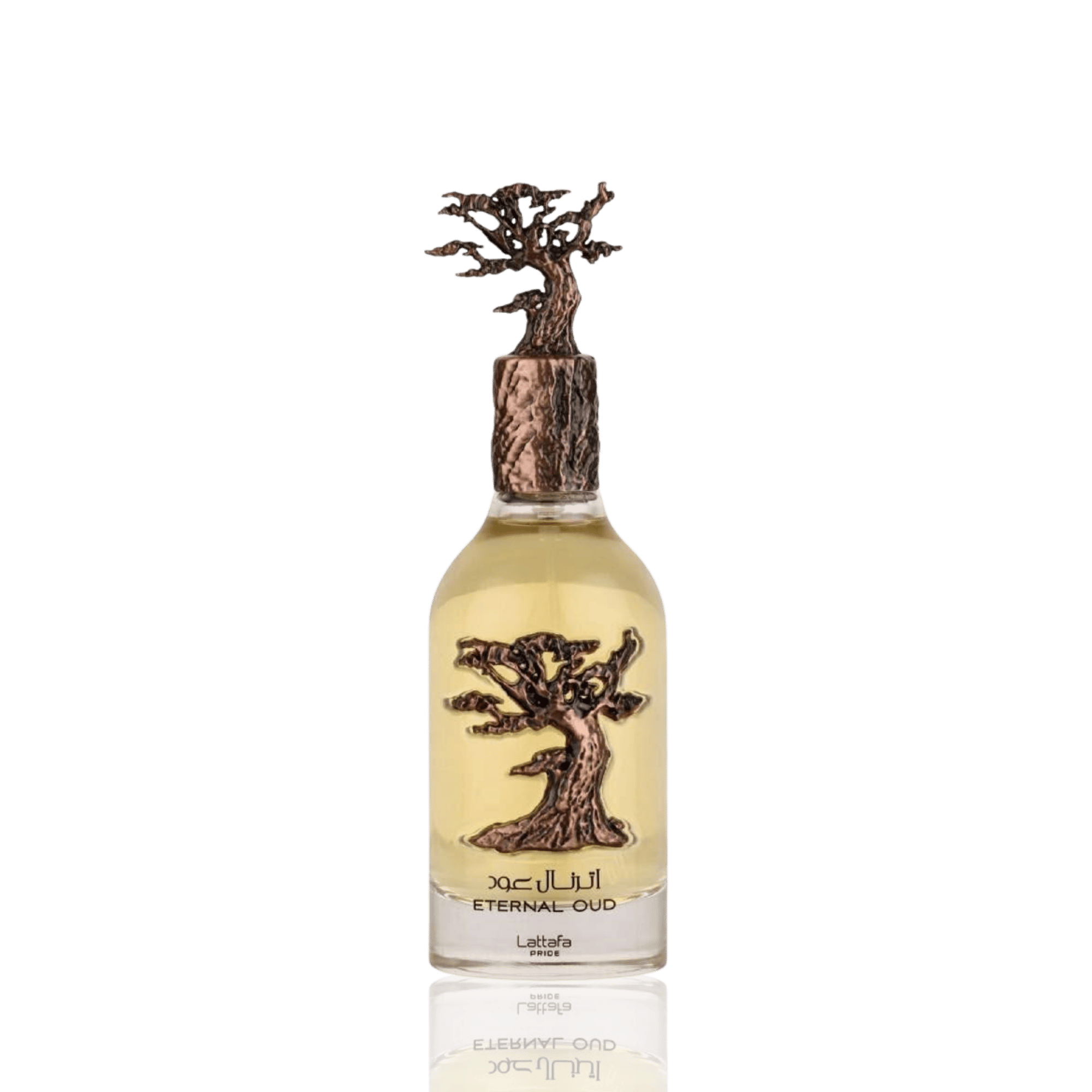 Detaliu flacon Lattafa Pride Eternal Oud apa de parfum, evidențiind capacul sculptat și finisajele bronz-antichizat.