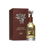 Lattafa Pride Eternal Oud apa de parfum, flacon frontal din sticlă masivă cu decor metalic Copacul Vieții.