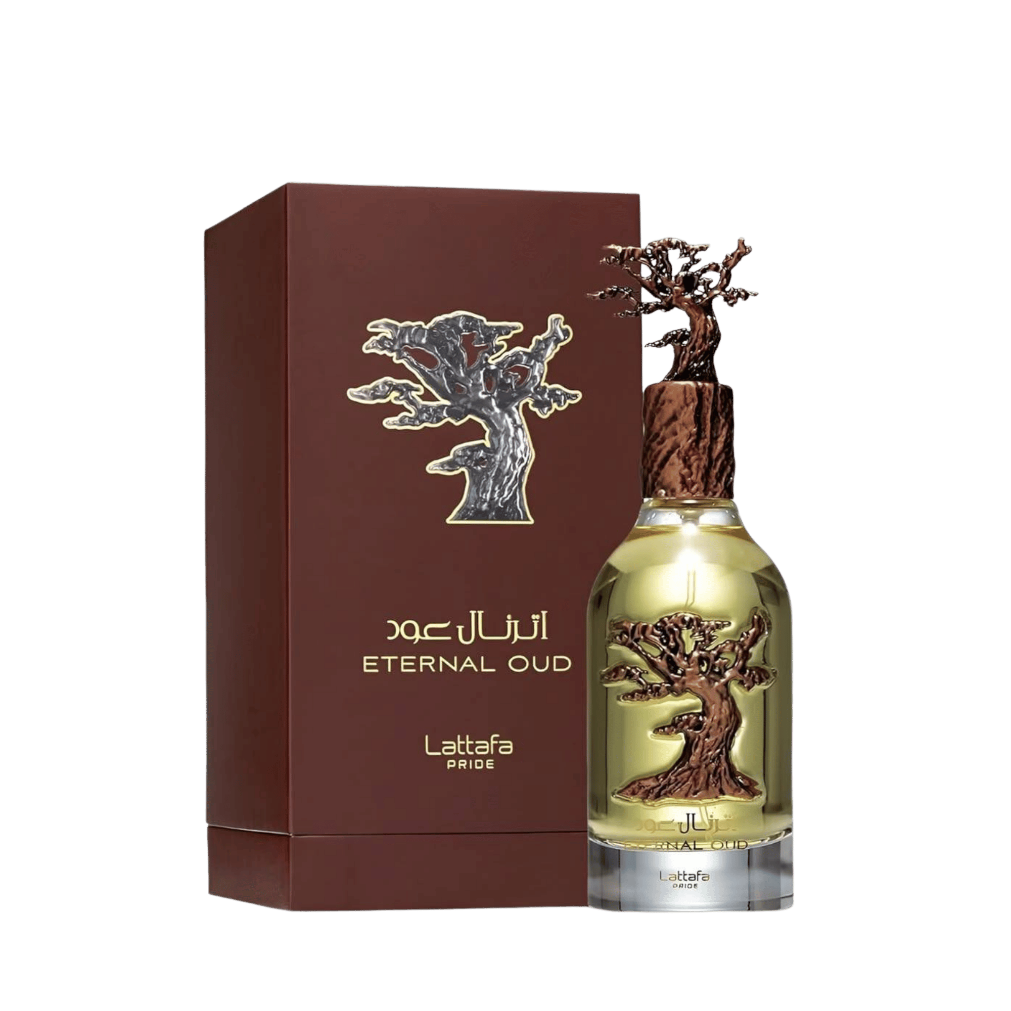 Lattafa Pride Eternal Oud apa de parfum, flacon frontal din sticlă masivă cu decor metalic Copacul Vieții.