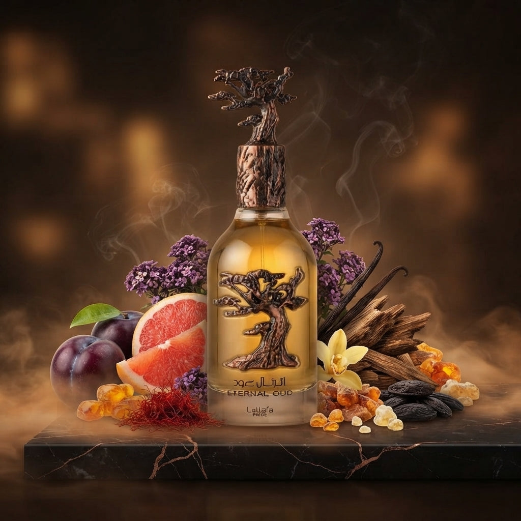 Lattafa Pride Eternal Oud apa de parfum original încadrat estetic de ingrediente precum prune, șofran și ambră.