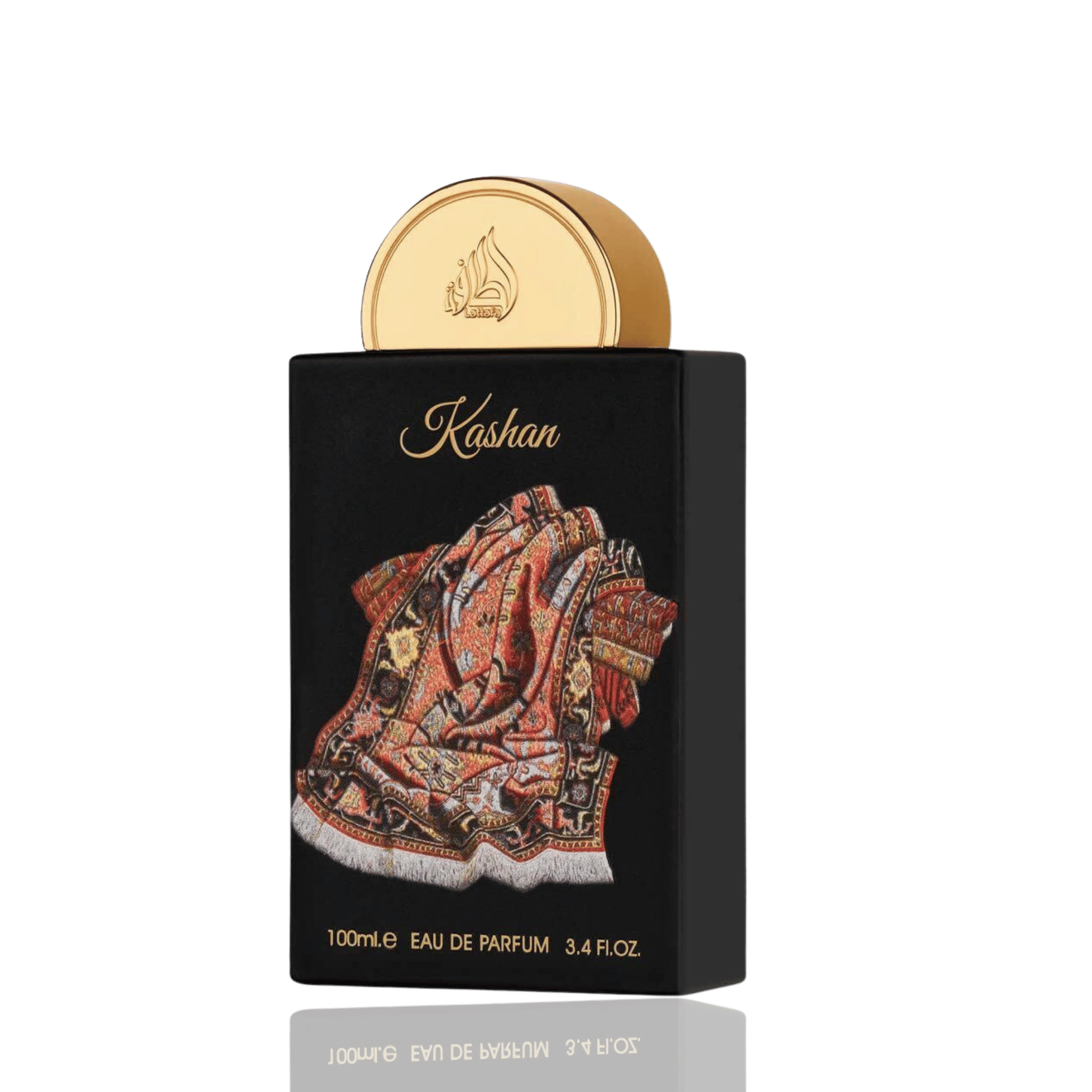 Detaliu flacon premium Lattafa Pride Kashan 100 ml, scoțând în evidență finisajele de lux și capacul sculptural de colecție.