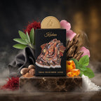 Lattafa Pride Kashan parfum original decorat estetic cu fire de șofran, nucșoară, pielărie și bucăți de oud fin.