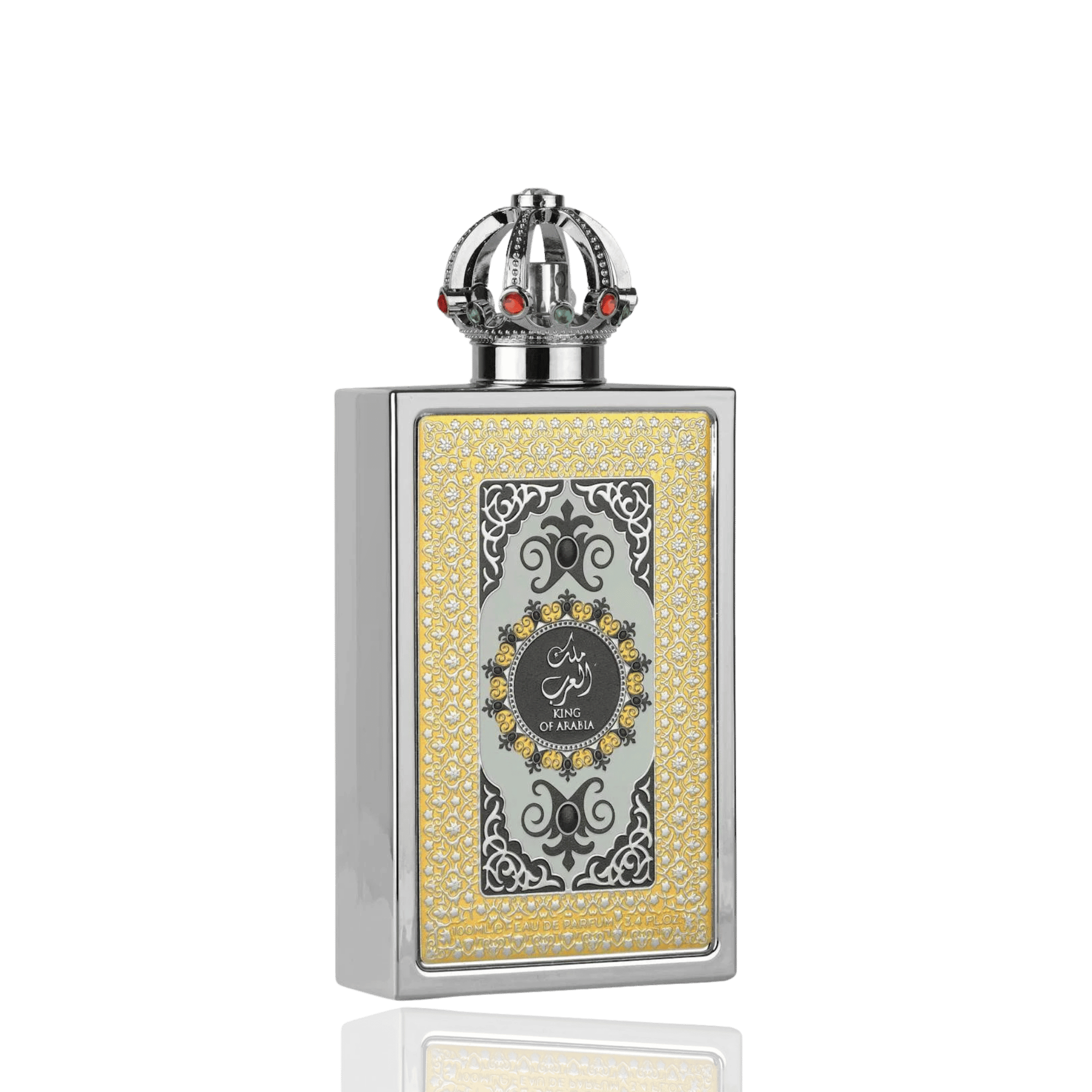 Detaliu flacon Lattafa Pride King of Arabia apa de parfum, evidențiind capacul sculptural și finisajele de lux.