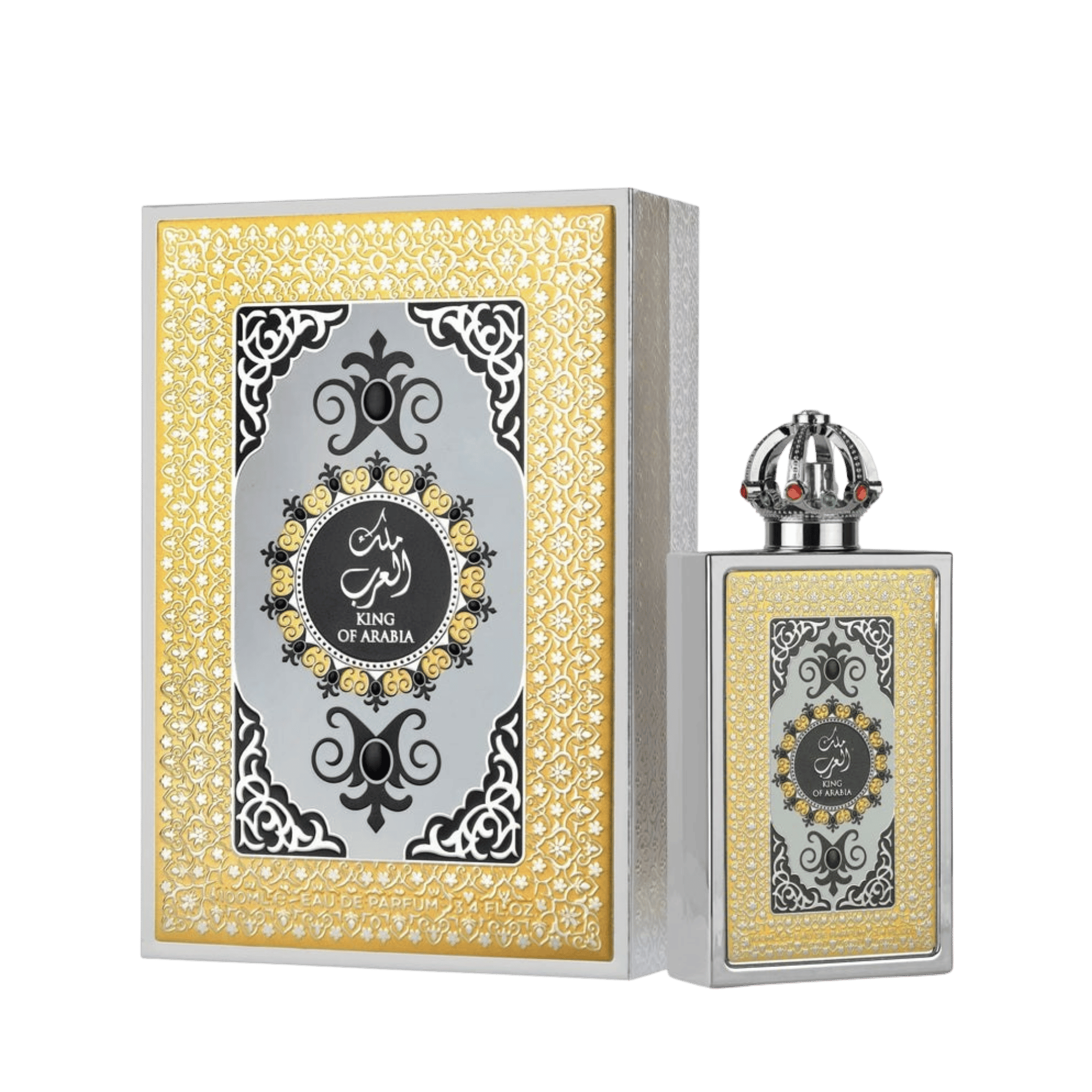 Lattafa Pride King of Arabia apa de parfum, flacon frontal majestuos cu detalii regale și opulente.
