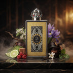 Lattafa Pride King of Arabia apa de parfum original încadrat estetic de ingrediente precum zmeură, iris și pielărie.