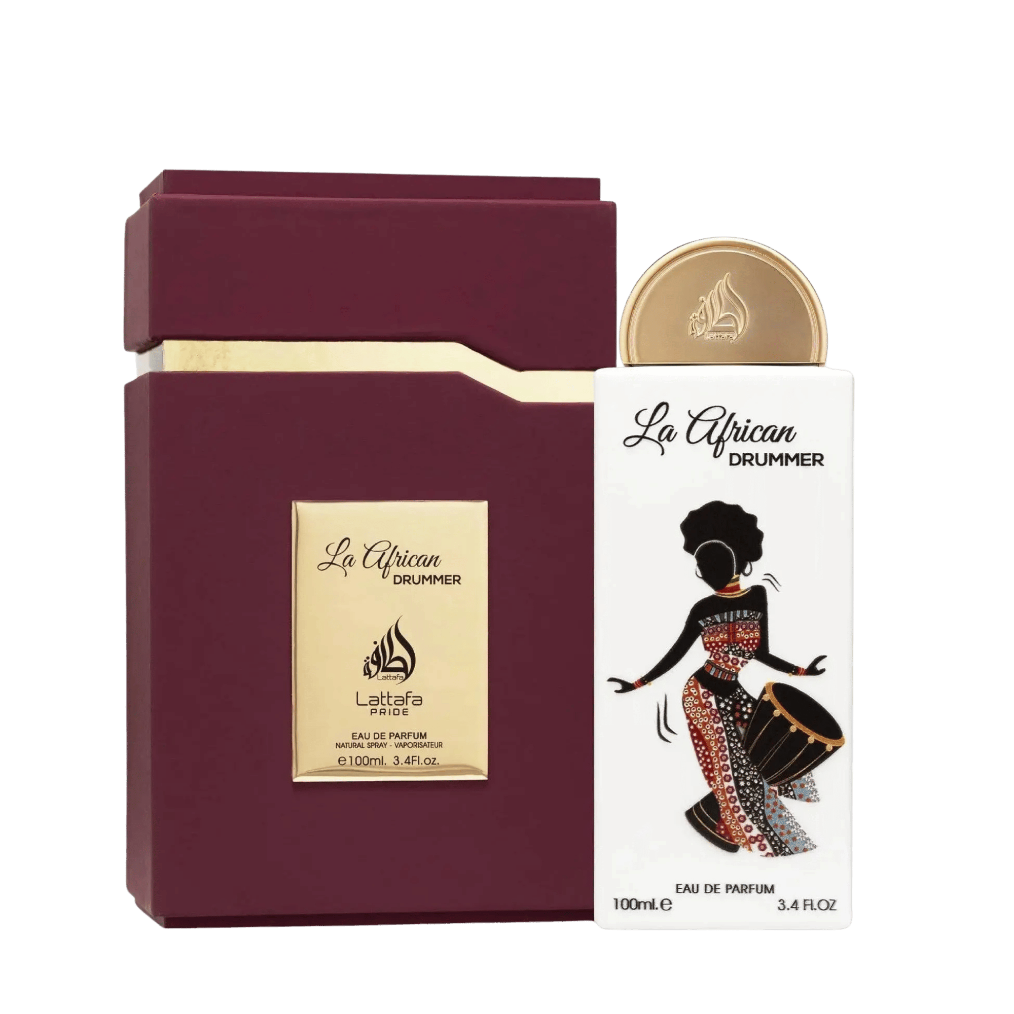 Lattafa Pride La African Drummer apa de parfum 100 ml, flacon frontal conceptual, design original de parfum arabesc.