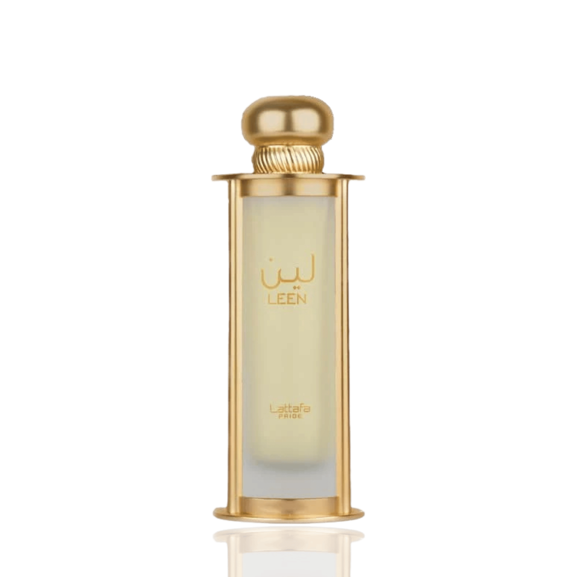 Detaliu flacon Lattafa Pride Leen apa de parfum, evidențiind textura sticlei sablate și capacul sferic aur roz.