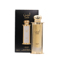 Lattafa Pride Leen apa de parfum, flacon frontal din sticlă sablată în armură metalică roz-aurie cu capac sferic.
