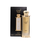 Lattafa Pride Leen apa de parfum, flacon frontal din sticlă sablată în armură metalică roz-aurie cu capac sferic.