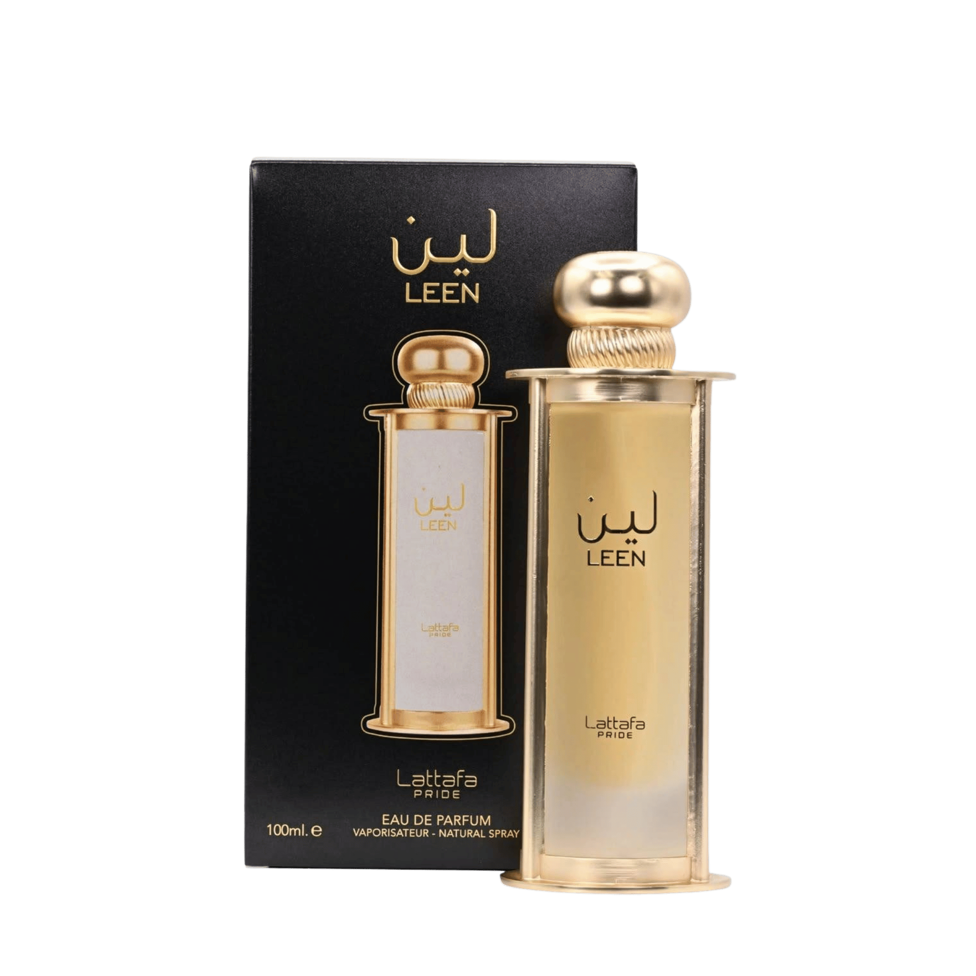 Lattafa Pride Leen apa de parfum, flacon frontal din sticlă sablată în armură metalică roz-aurie cu capac sferic.