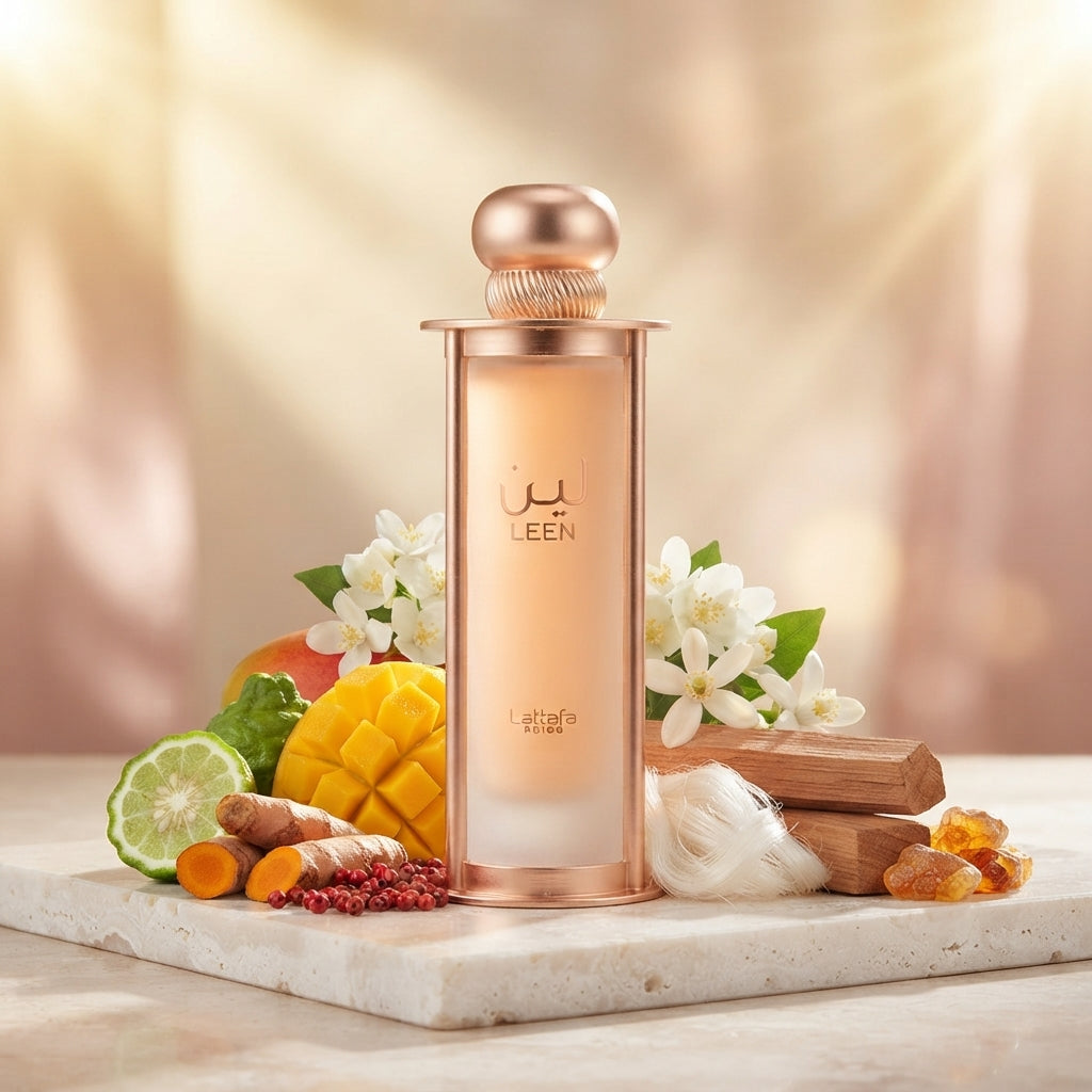 Lattafa Pride Leen apa de parfum original prezentat alături de note exotice de mango, flori albe și mosc alb.