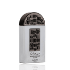 Detaliu flacon Lattafa Pride Maharjan Silver apa de parfum, evidențiind finisajul cromat și capacul cu cristale negre.