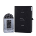 Lattafa Pride Maharjan Silver apa de parfum, flacon frontal cromat argintiu cu mozaic de cristale geometrice negre.