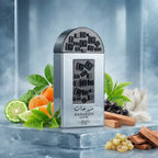 Lattafa Pride Maharjan Silver apa de parfum original prezentat alături de bergamotă, frunze de ceai verde și mosc alb.