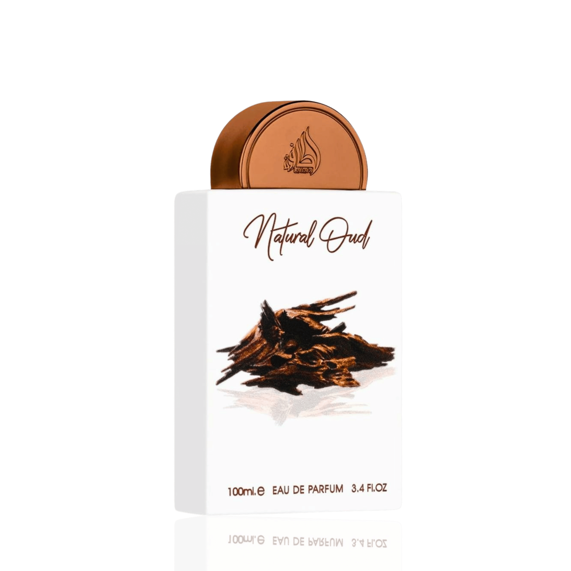 Detaliu flacon premium Lattafa Pride Natural Oud 100 ml, scoțând în evidență capacul sculptural și finisajele unice.