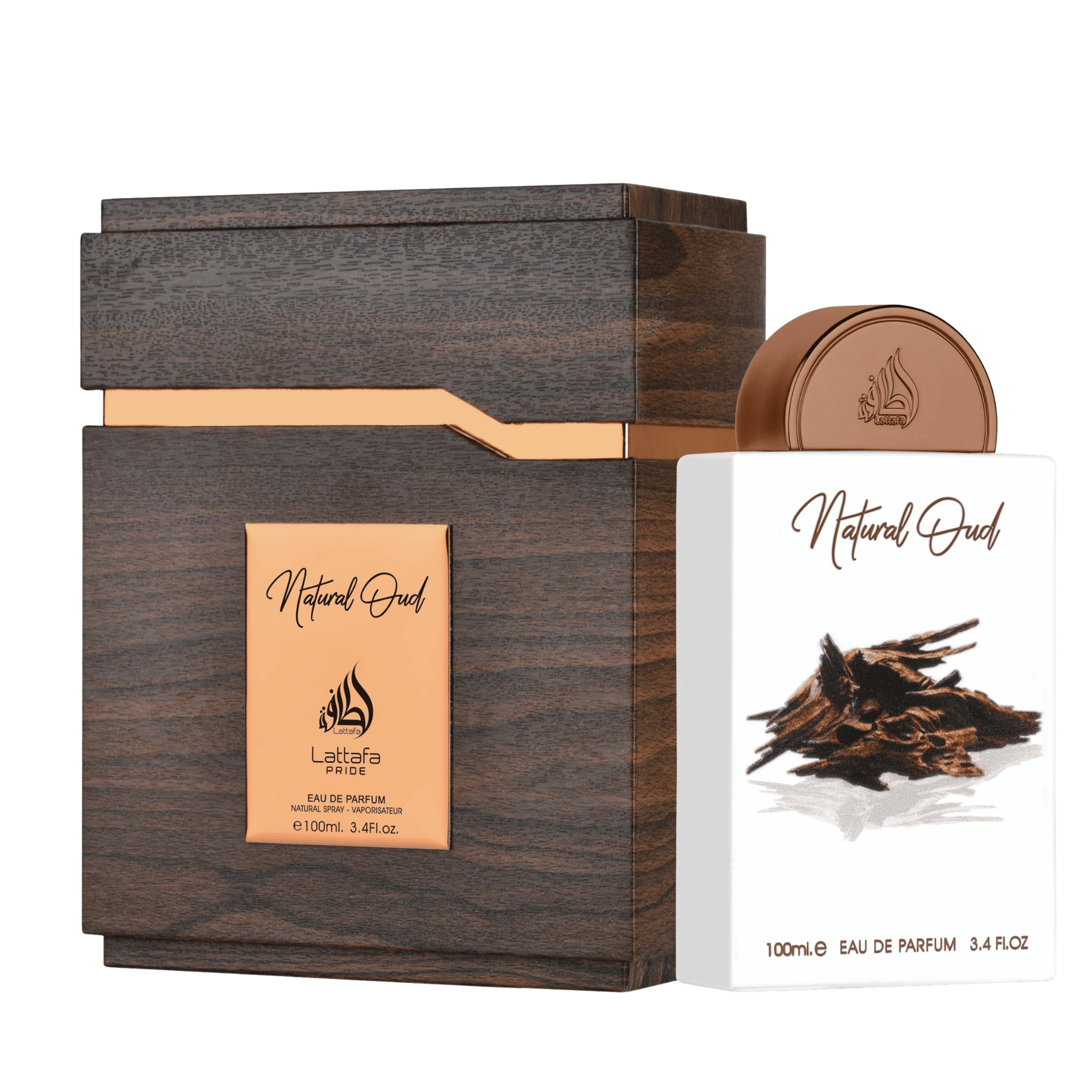 Lattafa Pride Natural Oud apa de parfum 100 ml, flacon frontal artistic de lux, design original de parfum arabesc.