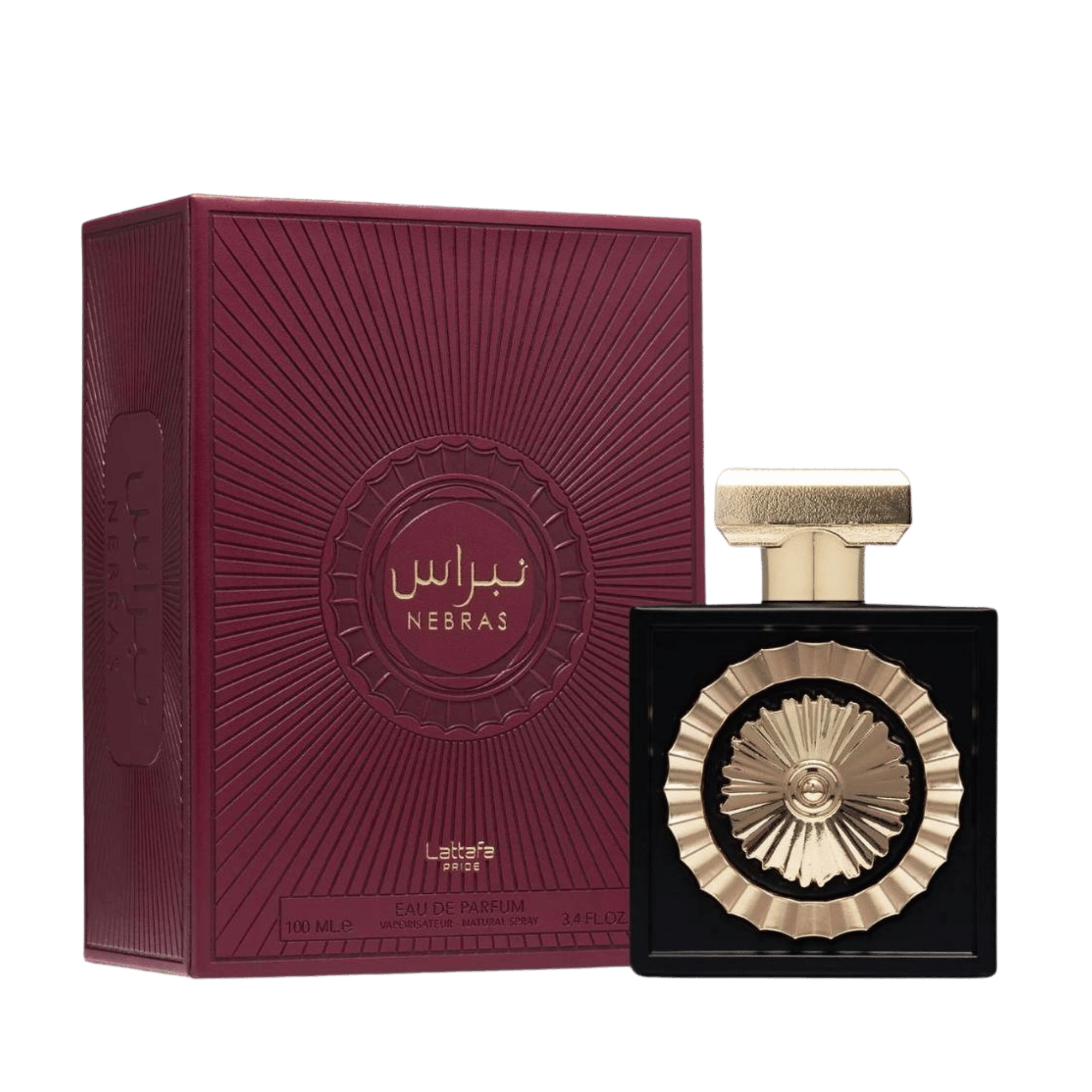 Lattafa Pride Nebras apa de parfum 100 ml, flacon frontal conceptual premium, design original de parfum arabesc.