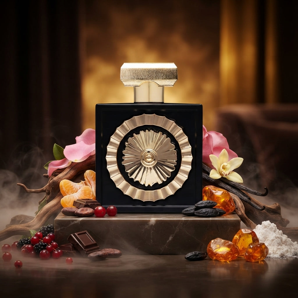 Lattafa Pride Nebras parfum original aranjat estetic cu boabe de cacao, ciocolată topită și păstăi de vanilie caldă.