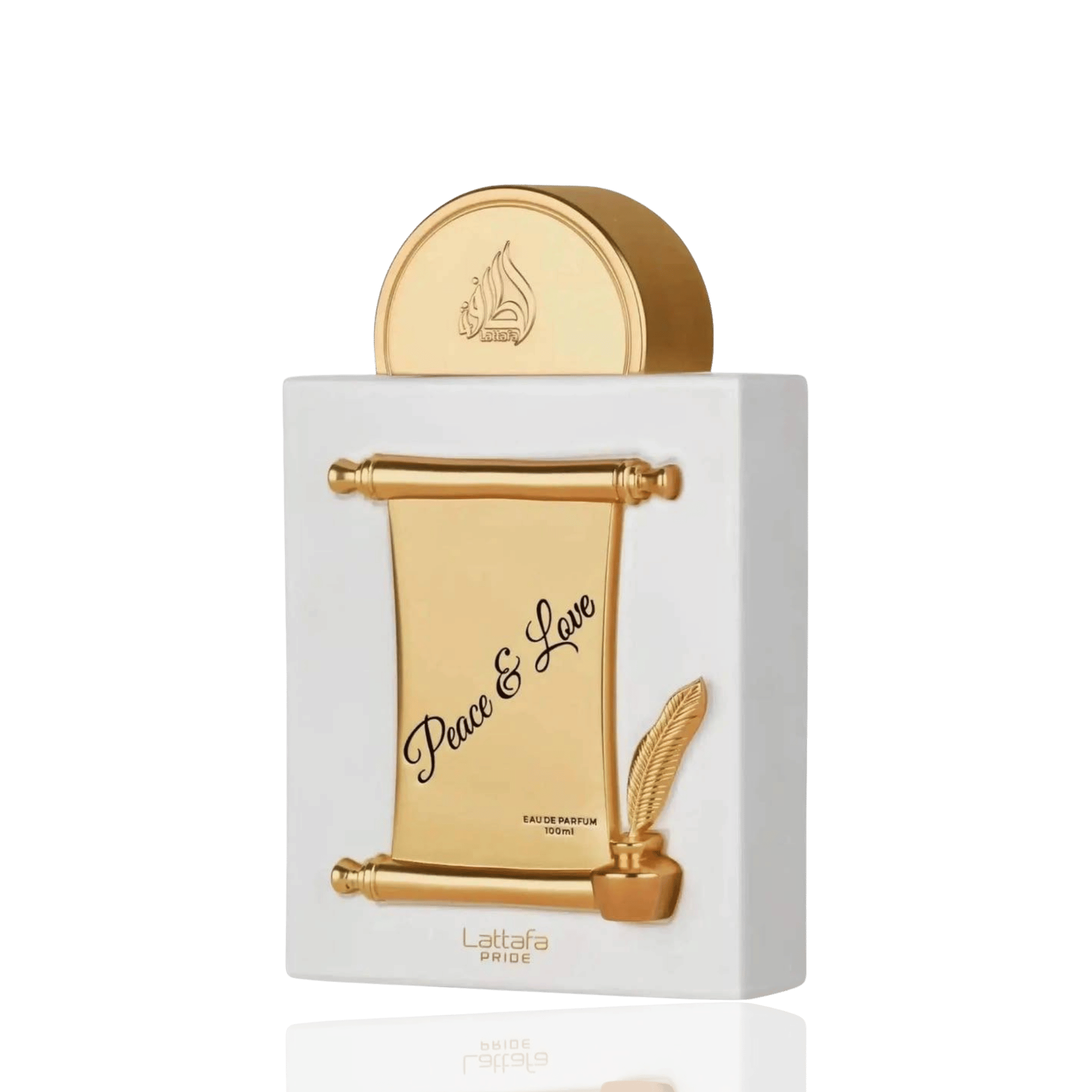 Detaliu flacon premium Lattafa Pride Peace & Love 100 ml, reliefând formele sticlei artistice și finisajele de colecție.