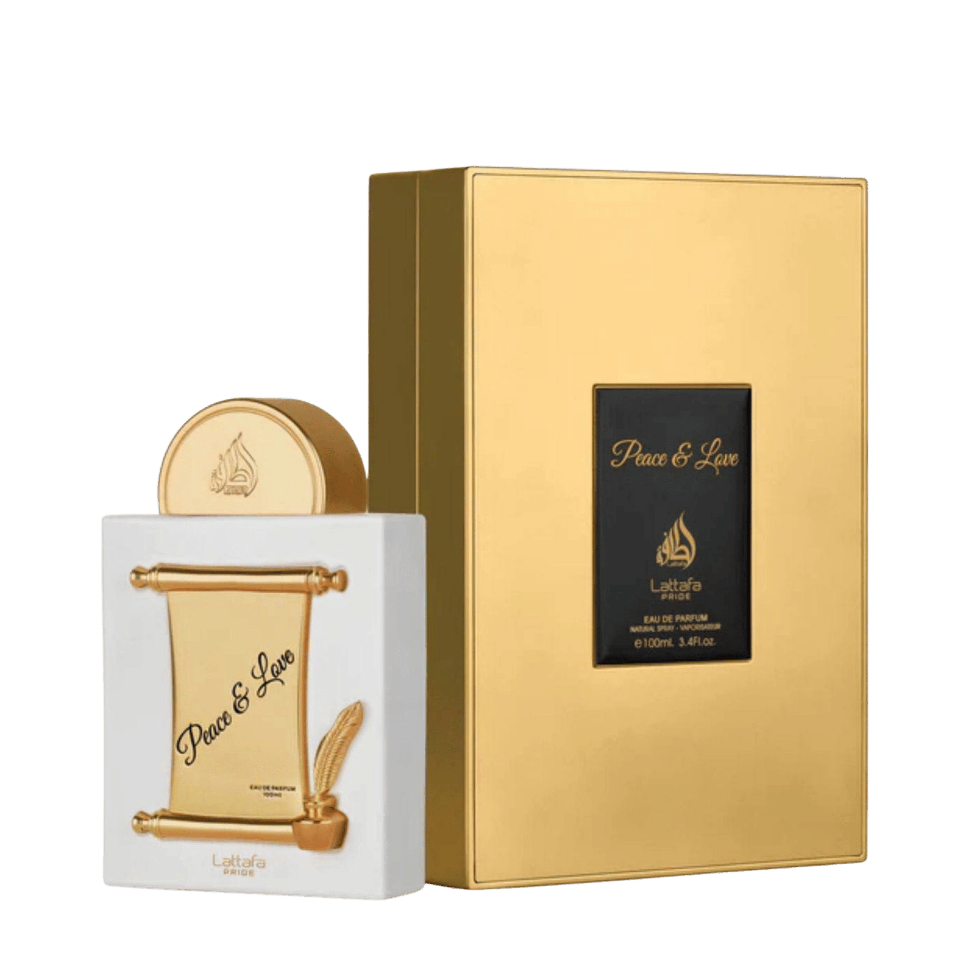 Lattafa Pride Peace & Love apa de parfum 100 ml, flacon frontal conceptual premium, design de lux original de parfum arabesc.
