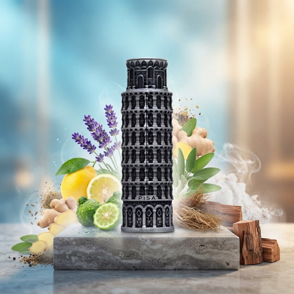 Lattafa Pride Pisa parfum original încadrat artistic de citrice, bergamotă, flori de lavandă și bucăți de ghimbir.