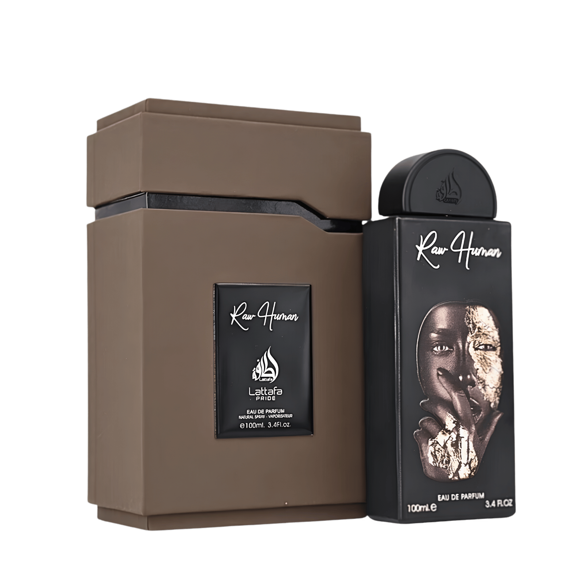 Ambalajul original de lux tip casetă din colecția Lattafa Pride Raw Human 100 ml cu design conceptual.