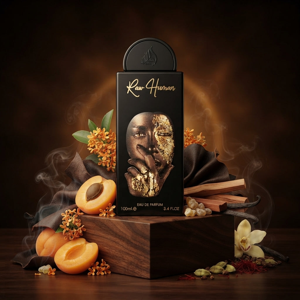Lattafa Pride Raw Human parfum original încadrat artistic de caise coapte, frunze de osmanthus, tămâie și pielărie fină.