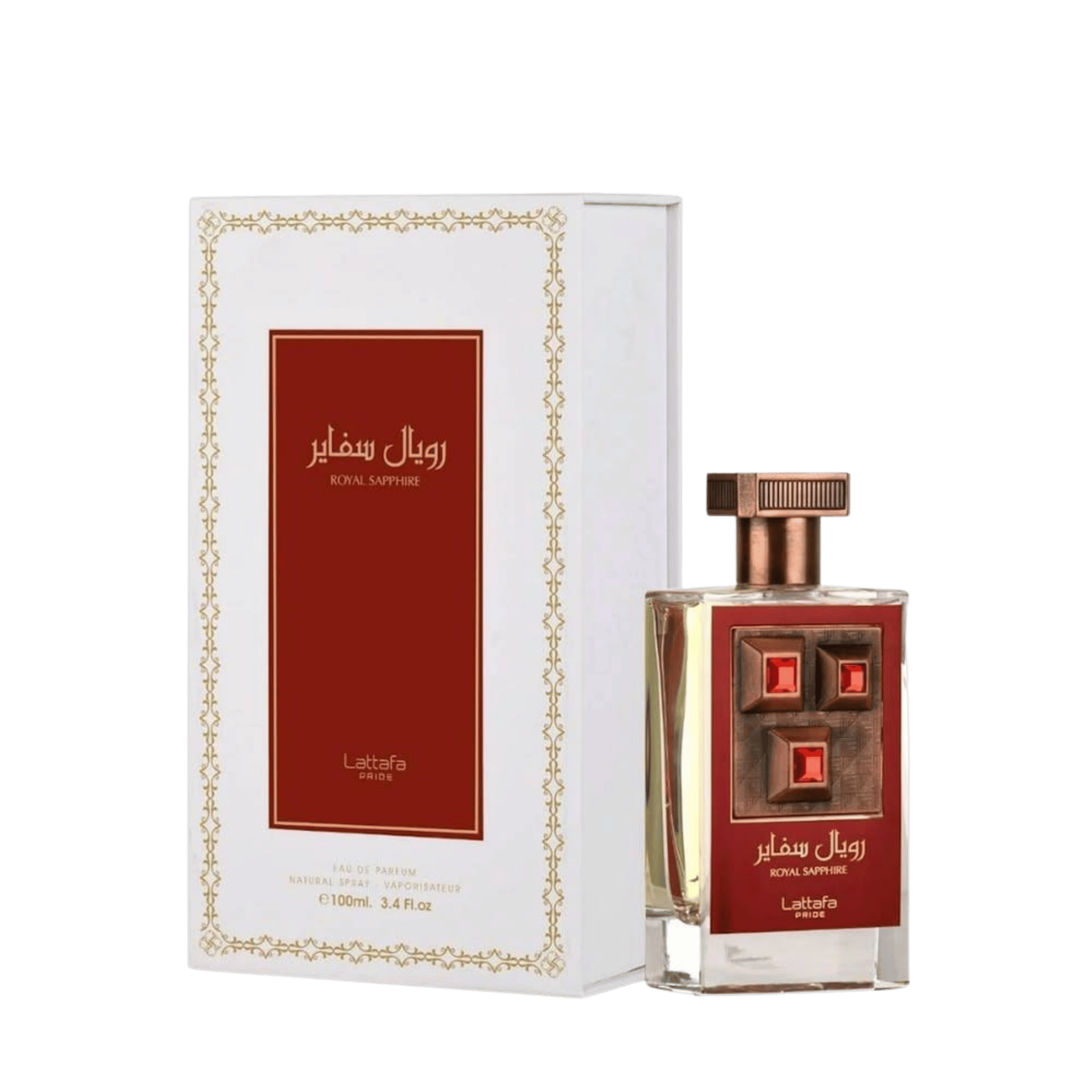 Lattafa Pride Royal Sapphire apa de parfum, flacon frontal albastru regal cu detalii decorative aurii de lux.
