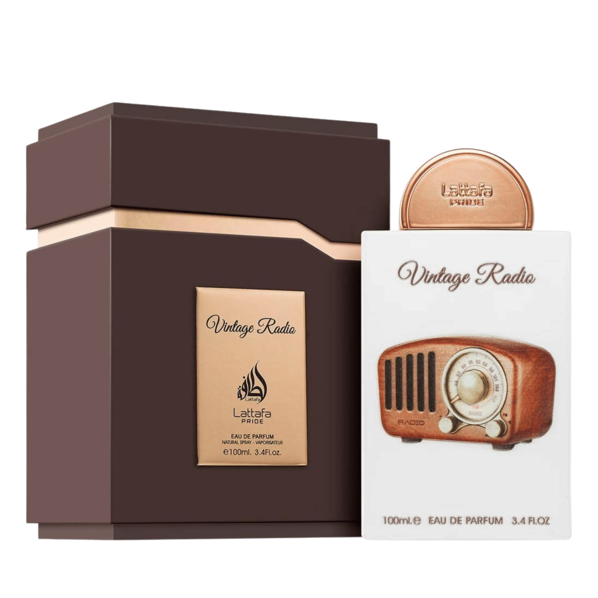 Lattafa Pride Vintage Radio apa de parfum 100 ml, flacon frontal conceptual de lux, design original parfum arabesc.