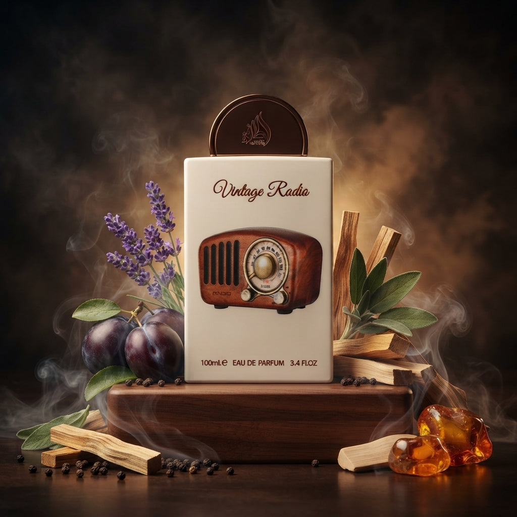 Lattafa Pride Vintage Radio parfum original încadrat de prune coapte, bucăți de palo santo și lemn de santal.
