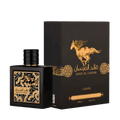 Lattafa Qaed Al Fursan apa de parfum, flacon frontal negru masculin cu reliefuri sculptate și detalii aurii.