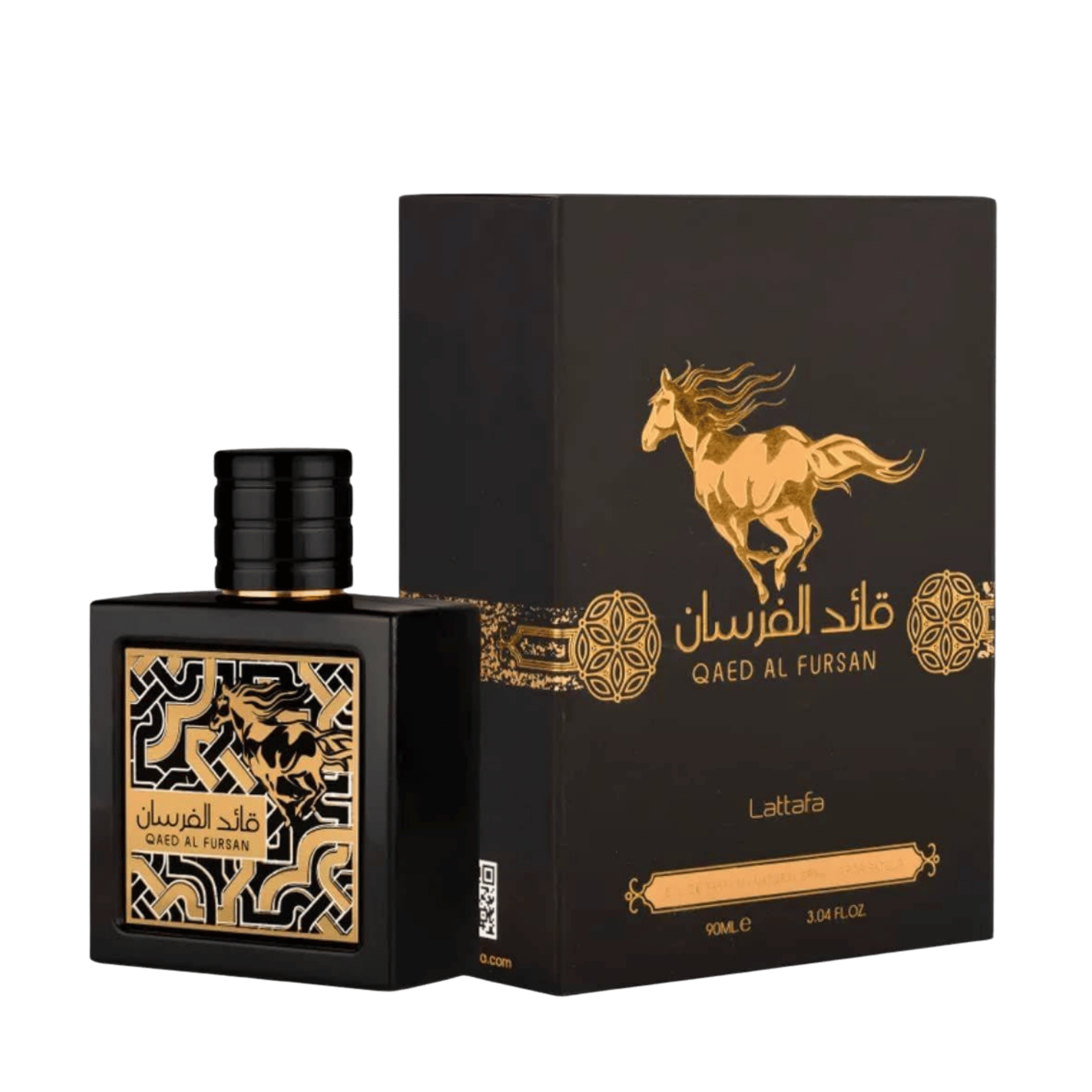 Lattafa Qaed Al Fursan apa de parfum, flacon frontal negru masculin cu reliefuri sculptate și detalii aurii.