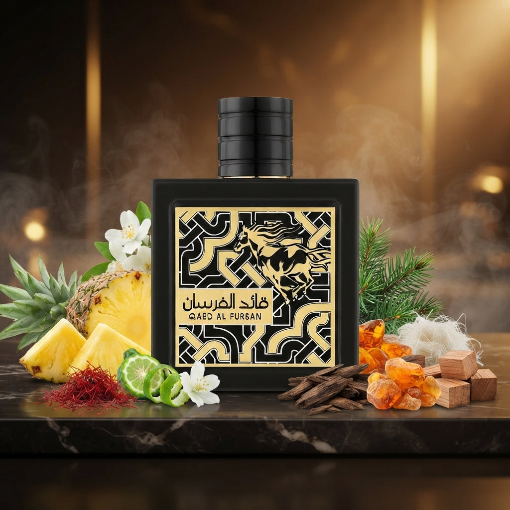 Lattafa Qaed Al Fursan apa de parfum original prezentat alături de ananas zemos, șofran, iasomie și lemn de oud.