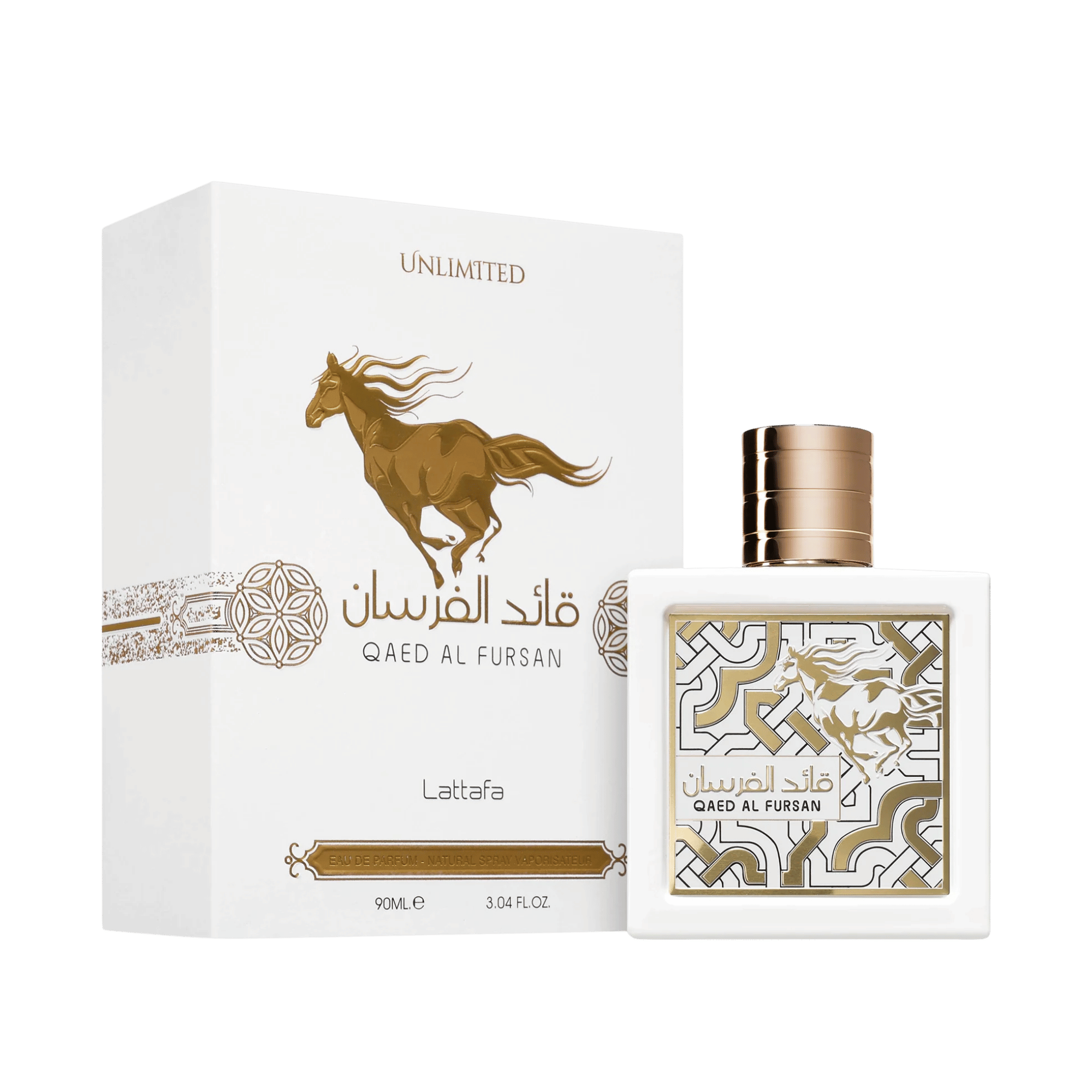 Lattafa Qaed Al Fursan Unlimited apa de parfum, flacon frontal alb imaculat cu detalii aurii sofisticate.