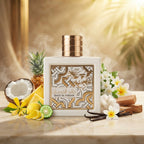 Lattafa Qaed Al Fursan Unlimited apa de parfum original prezentat alături de nucă de cocos, ananas și flori de frangipani.