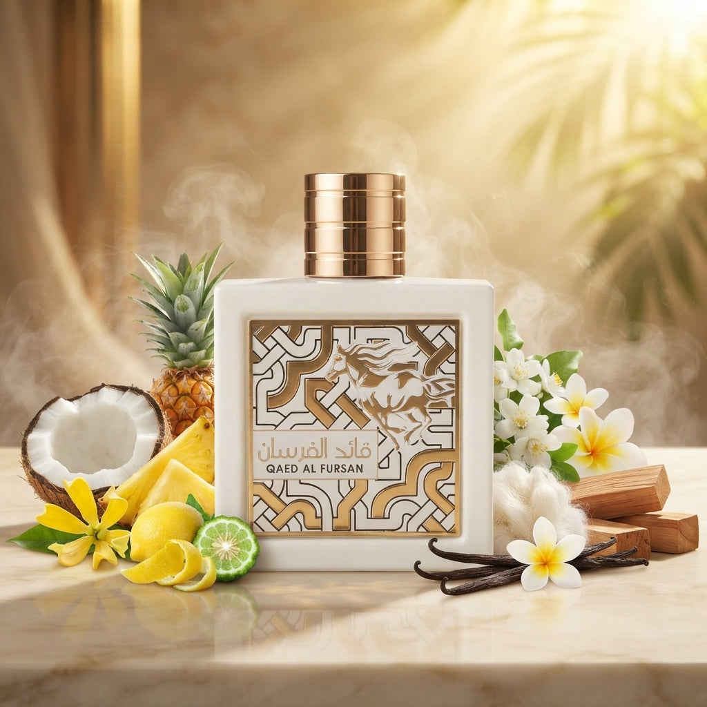 Lattafa Qaed Al Fursan Unlimited apa de parfum original prezentat alături de nucă de cocos, ananas și flori de frangipani.