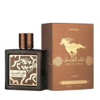 Lattafa Qaed Al Fursan Untamed apa de parfum, flacon frontal masculin cu geometrie modernă și detalii sofisticate.