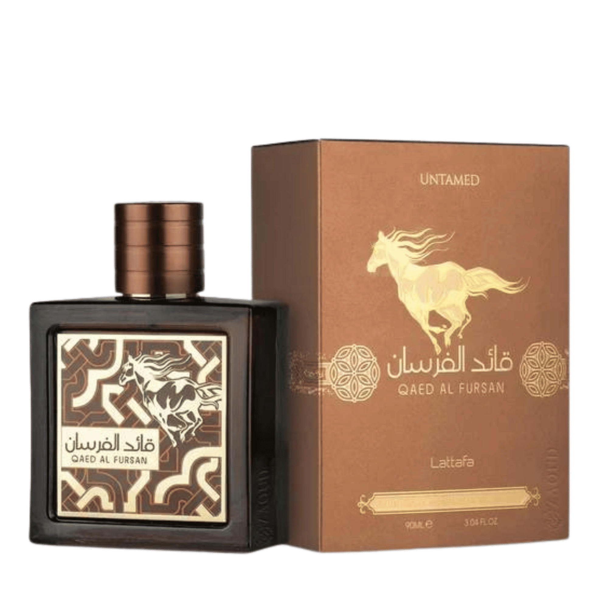 Lattafa Qaed Al Fursan Untamed apa de parfum, flacon frontal masculin cu geometrie modernă și detalii sofisticate.