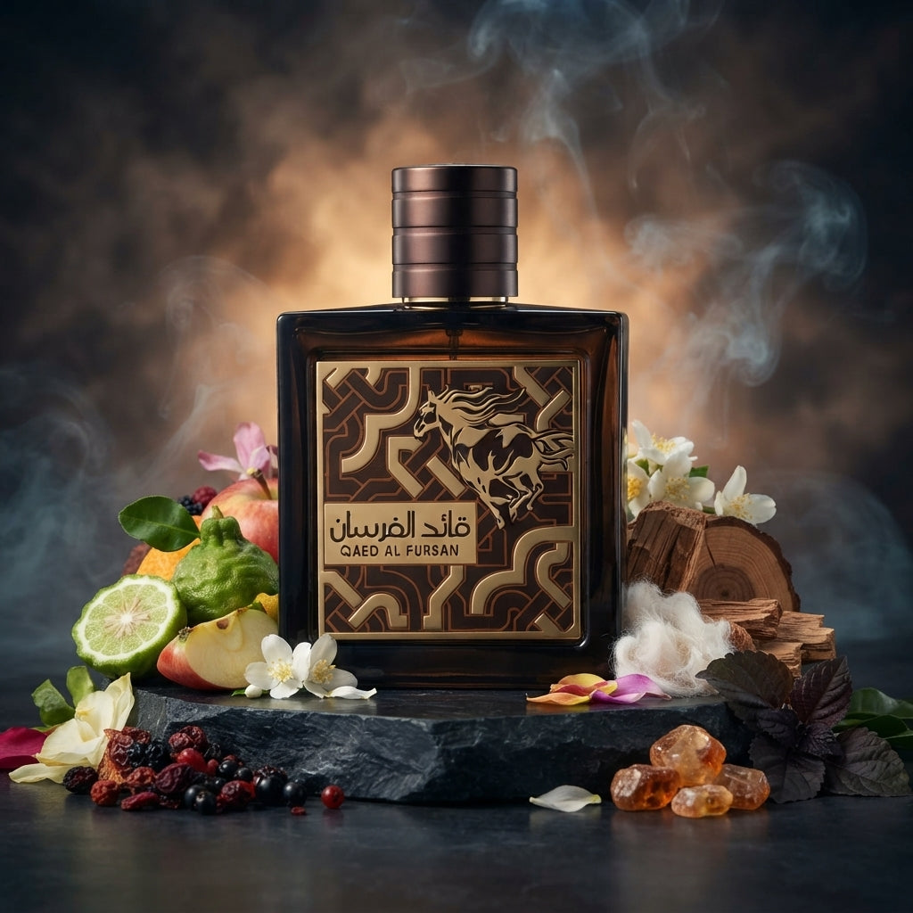 Lattafa Qaed Al Fursan Untamed apa de parfum original prezentat alături de bergamotă, măr, iasomie și frunze de patchouli.