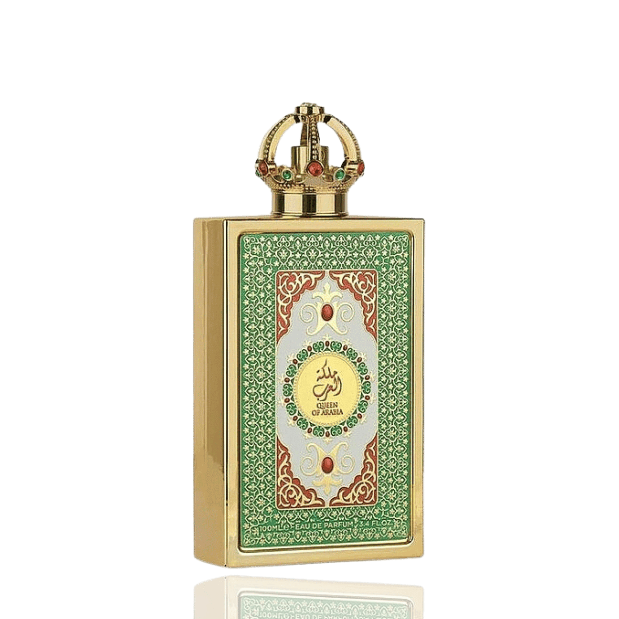 Detaliu flacon Lattafa Queen of Arabia apa de parfum, evidențiind capacul majestuos și ornamentele sofisticate.