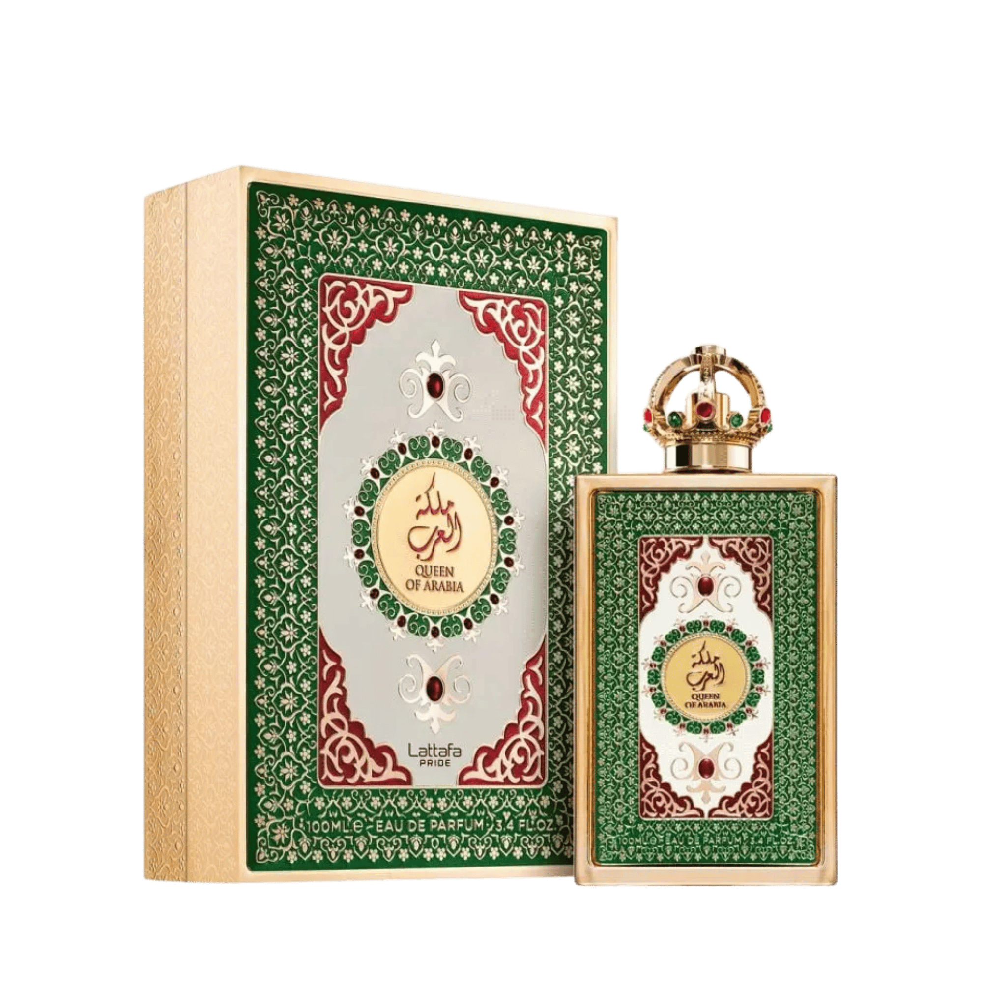 Lattafa Queen of Arabia apa de parfum, flacon frontal elegant cu detalii regale și finisaje opulente.