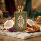 Lattafa Queen of Arabia apa de parfum original încadrat estetic de ingrediente precum cocos, heliotrop și vanilie.