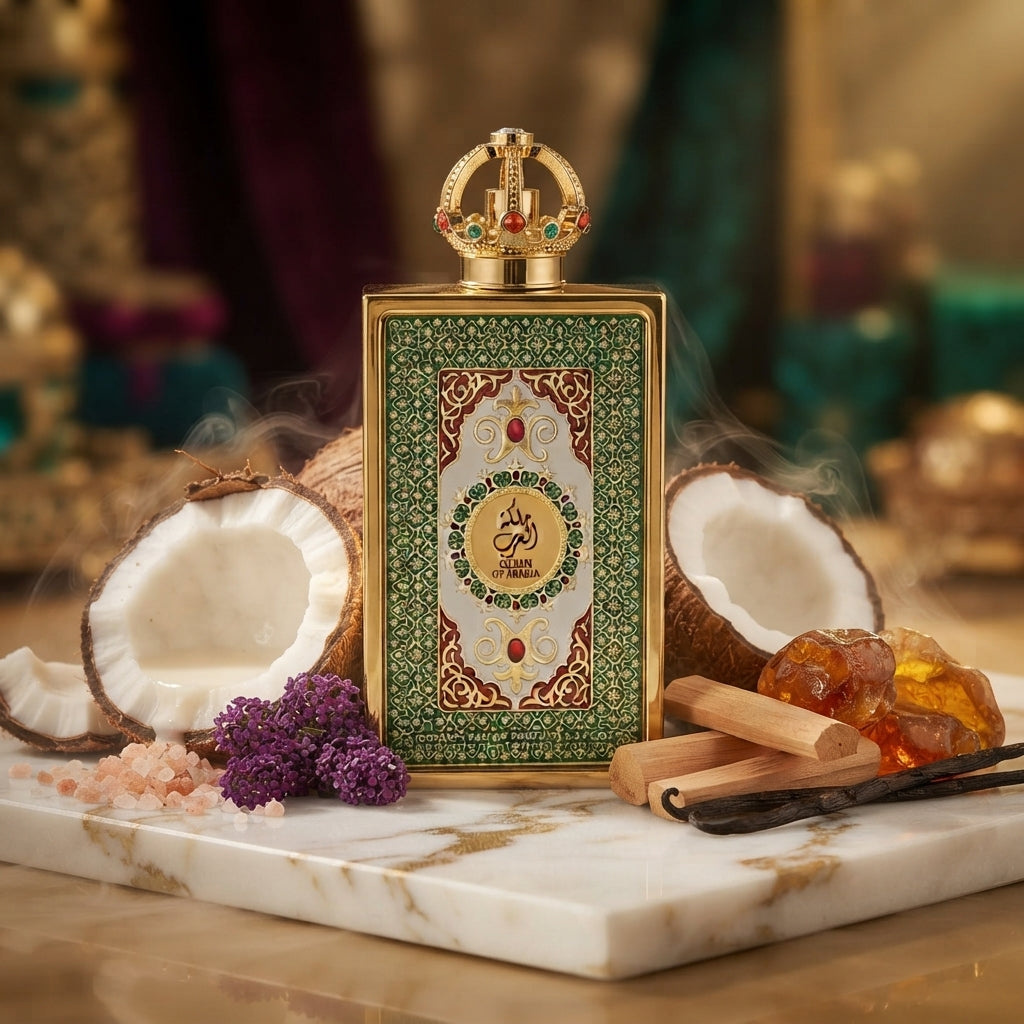 Lattafa Queen of Arabia apa de parfum original încadrat estetic de ingrediente precum cocos, heliotrop și vanilie.