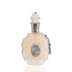 Detaliu flacon Lattafa Rouat Al Musk apa de parfum, evidențiind textura fină a sticlei, pulverizatorul și capacul de lux.