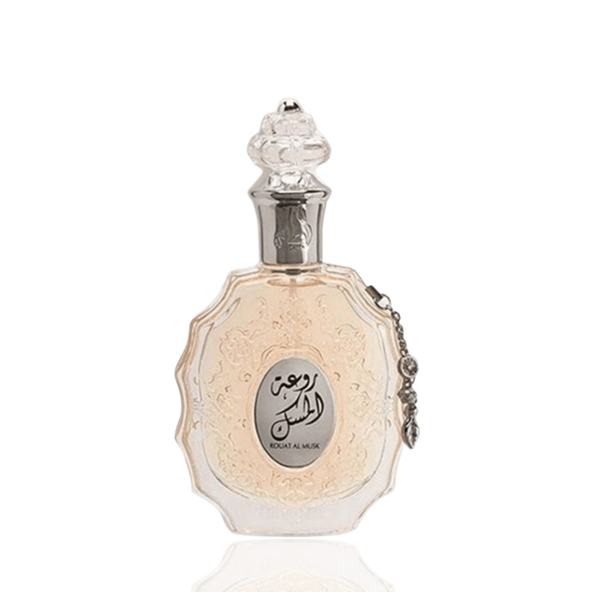 Detaliu flacon Lattafa Rouat Al Musk apa de parfum, evidențiind textura fină a sticlei, pulverizatorul și capacul de lux.
