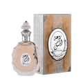 Lattafa Rouat Al Musk apa de parfum, flacon frontal elegant cu linii fluide și detalii decorative aurii.